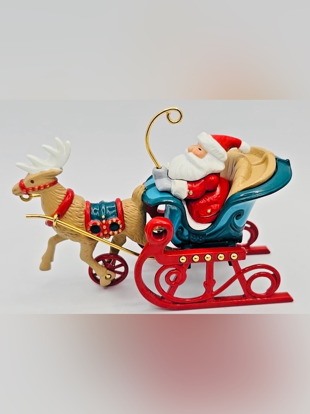 1998 Santa Sleigh Pull Toy Ornament in Red, Teal and Gold